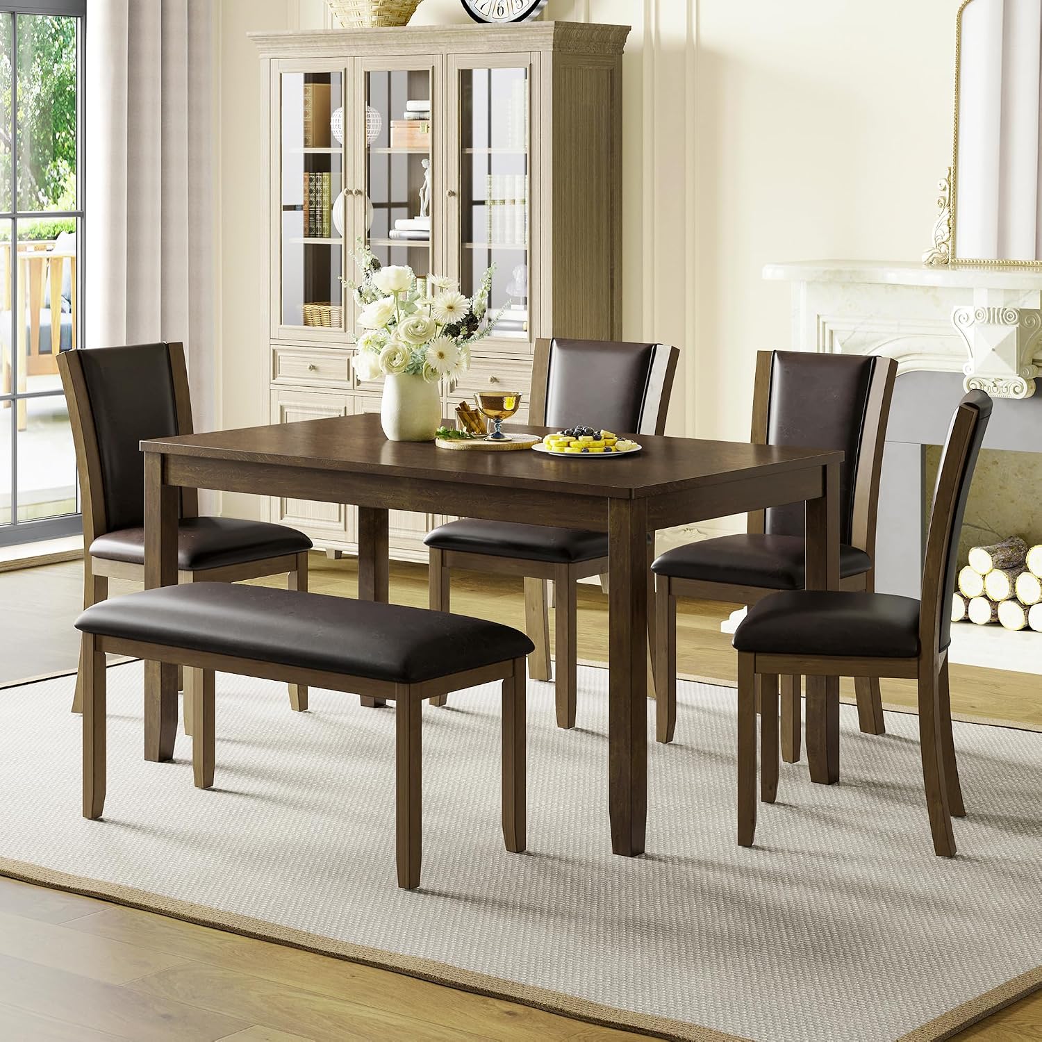 6-Piece Dining Table Set with Bench and Chairs - Solid Wood Kitchen Dining Room Table Set in Farmhouse Rustic Style, Table Set for 6 with 4 Chairs and Bench Seat.(Dark Walnut_Large)