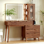 Glass Top Makeup Vanity with 3-Color LED Lighted Mirror & Power Strip, Large Vanity Table with 9 Drawers, Enclosed Cabinet & 2-Tier Open Shelves, Wooden Legs Bedroom Dressing Table, 47.2"W, Walnut