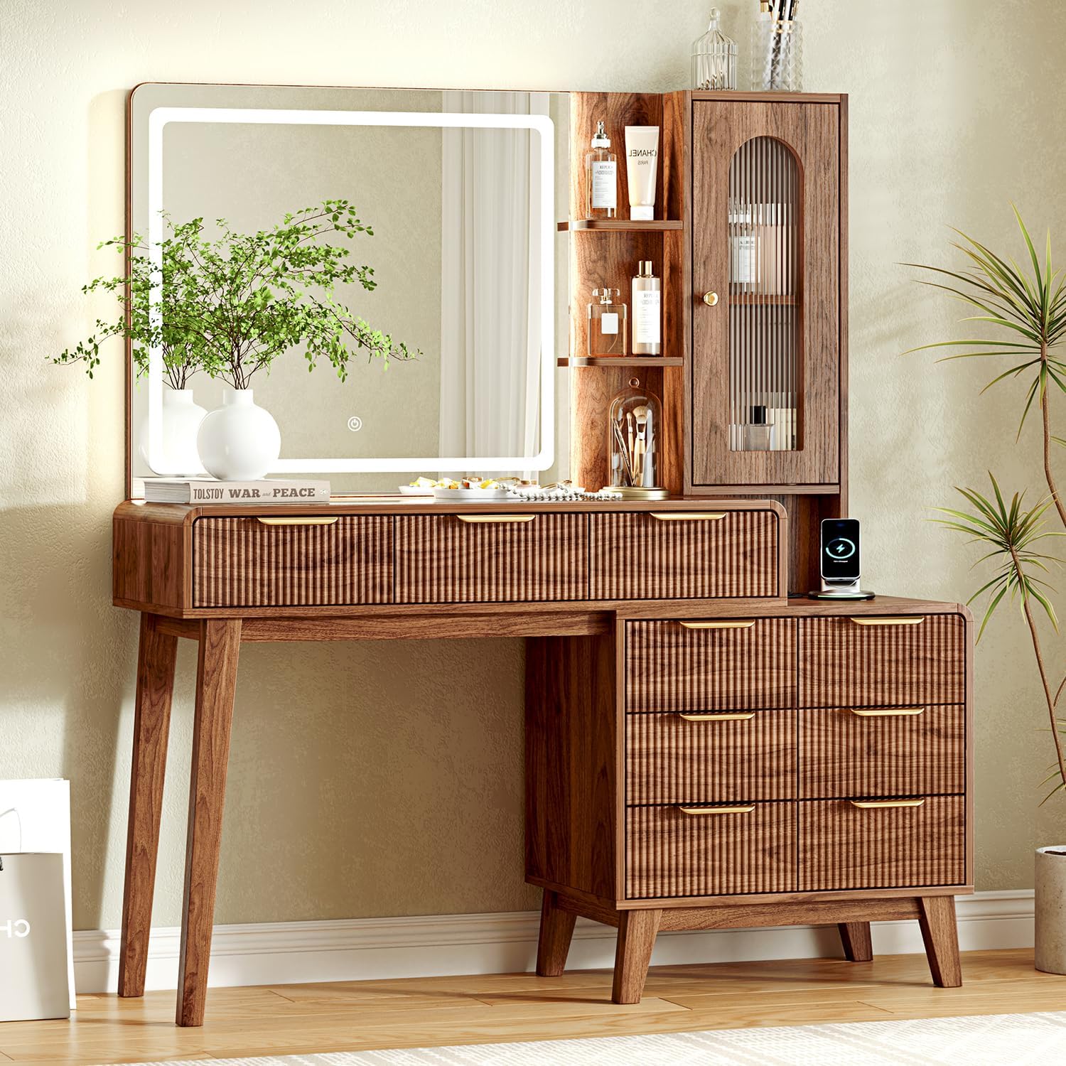 Glass Top Makeup Vanity with 3-Color LED Lighted Mirror & Power Strip, Large Vanity Table with 9 Drawers, Enclosed Cabinet & 2-Tier Open Shelves, Wooden Legs Bedroom Dressing Table, 47.2"W, Walnut