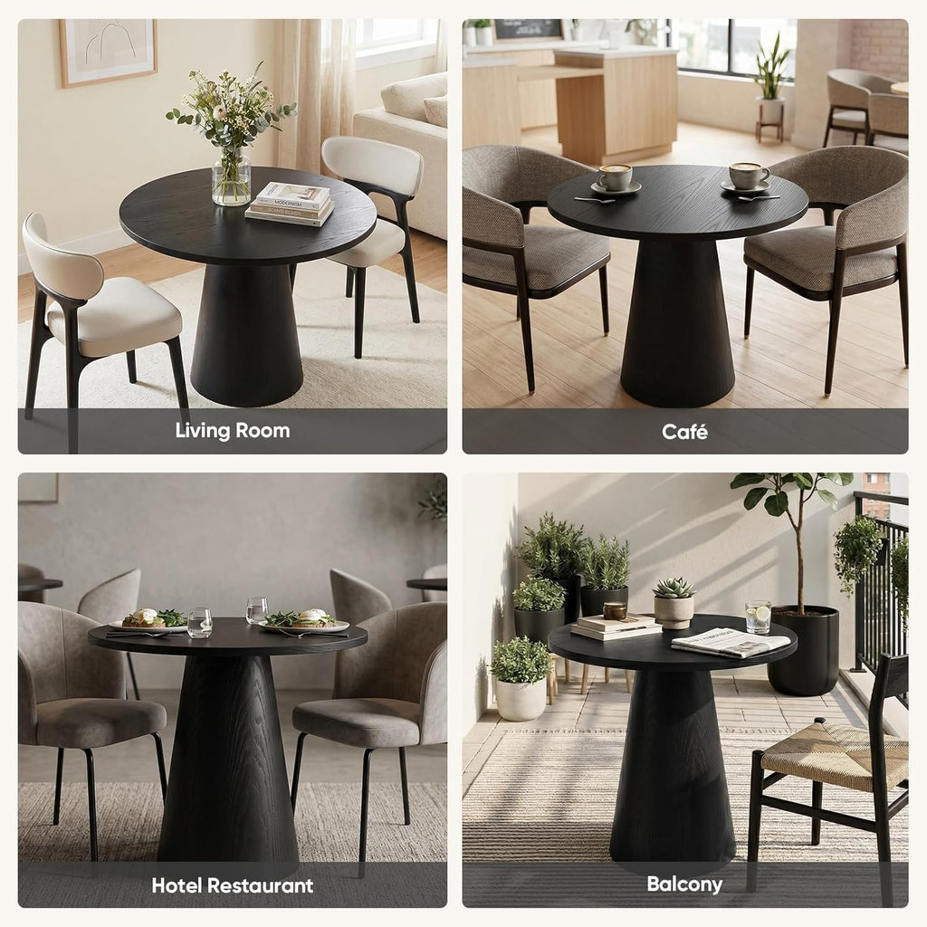 Comfy to go 35" Round Dining Table Wood for 2-3, Modern Farmhouse Kitchen Table with Concrete Pedestal Base, Small Circle Dining Table for Kitchen Living Room (Black)