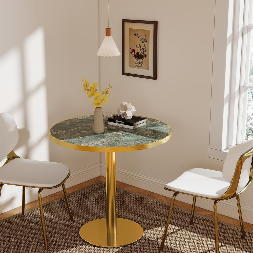 31.5" Round Tulip Table for 2-4, 1.2" Thick Emerald Forest Sintered Stone Top (Natural Stone Look) & Brushed Gold Frame, Modern Luxury Dining Table for Small Apartment, Patio, Sunroom