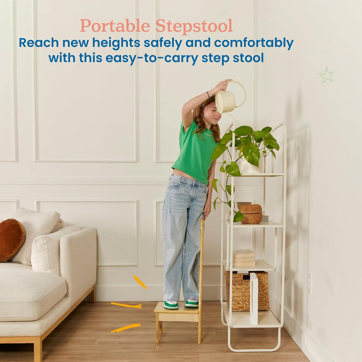 ECR4Kids Step Stool with Long Handle, One Step, Wooden, Montessori Furniture, Natural