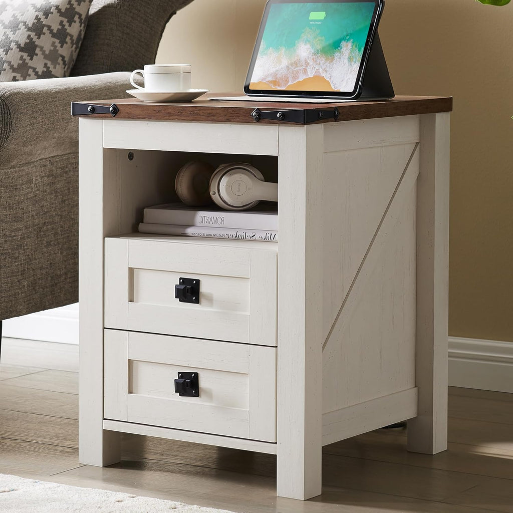 T4TREAM Farmhouse Nightstand Set of 2, Rustic End Table with 2 Drawers, Charging Station, Storage Open Shelf for Bedroom, Living Room, Wood Side Table, Antique White