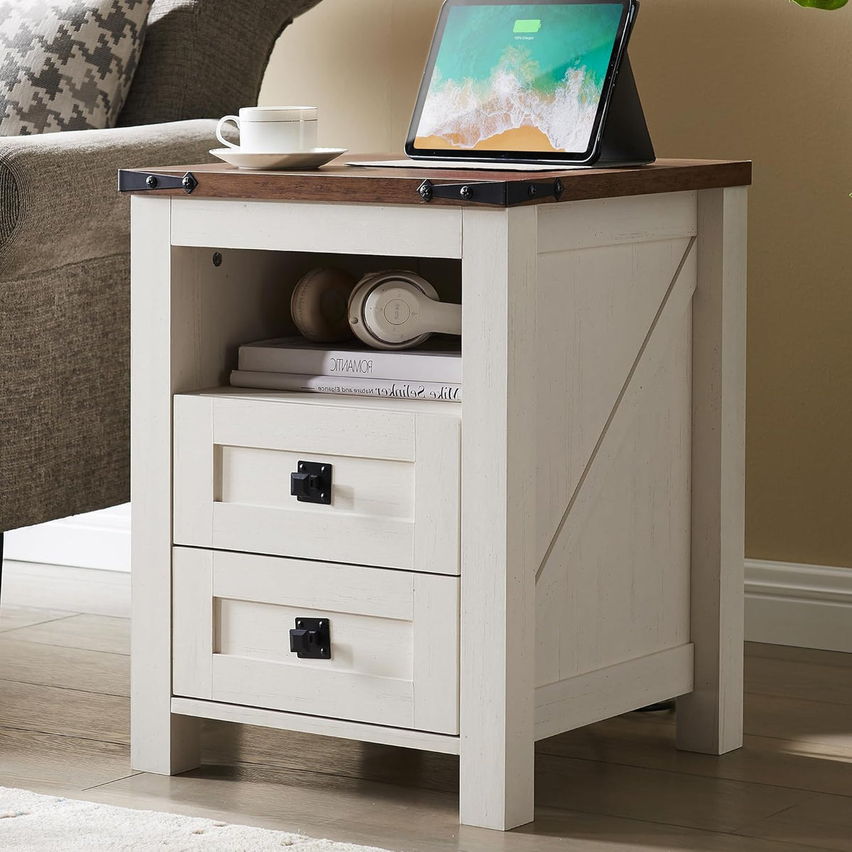 T4TREAM Farmhouse Nightstand Set of 2, Rustic End Table with 2 Drawers, Charging Station, Storage Open Shelf for Bedroom, Living Room, Wood Side Table, Antique White