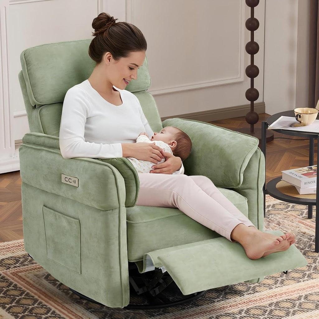 Power Recliner Rocking Chair with Adjustable Arms and Headrest,Green Fabric | Swivel electric glider,nursing chair glider for nursery, storage bags and USB port included, FSC certified