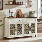 Joaxswe Farmhouse Sideboard Buffet Cabinet with Storage,59" Large Credenza with 4 Glass Doors & 2 Drawers, Wood Kitchen Coffee Bar, Adjustable Shelves Console Table for Dining Room,Living Room,White
