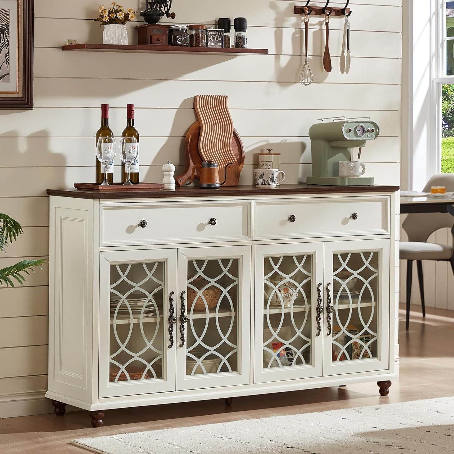 Joaxswe Farmhouse Sideboard Buffet Cabinet with Storage,59" Large Credenza with 4 Glass Doors & 2 Drawers, Wood Kitchen Coffee Bar, Adjustable Shelves Console Table for Dining Room,Living Room,White