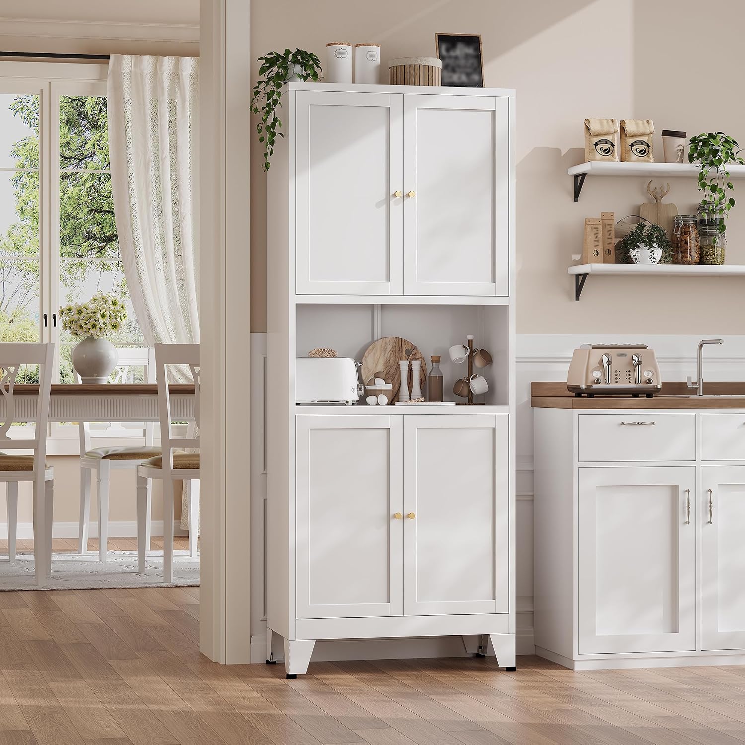 69"H Kitchen Pantry Cabinet with Countertop and Microwave Shelf,Metal Microwave Stand Cabinet with Storage，White Farmhouse Food Storage cabinet,Tall Freestanding Pantry Cabinets for Dining Room
