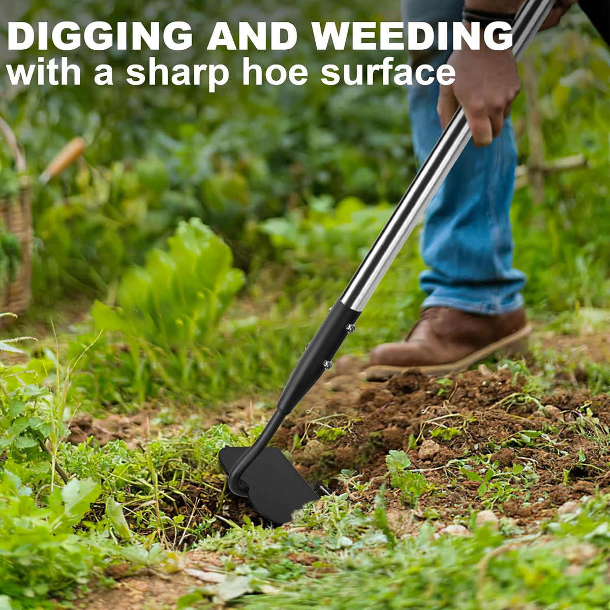 Garden Hoe, Long Handle Hoe Garden Tool with Non-Slip Silicone Cover, 56-Inch Stainless Steel Handle, Heavy Duty Hoe with Durable Blade, for Digging Loosening Weeding Planting