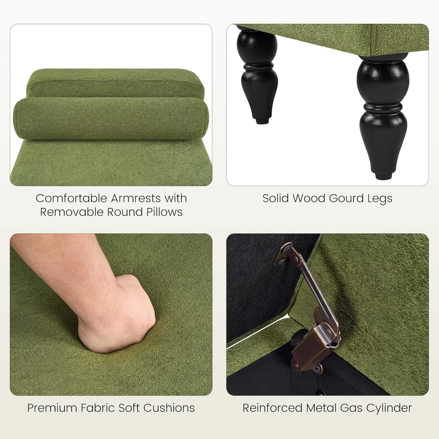 End of Bed Bench for Bedroom, 45.7" Linen Storage Ottoman Bench with Removable Pillows, Upholstered Entryway Bench with Solid Wood Legs, Storage Cabinet for Bedroom, Living Room, Entryway, Green