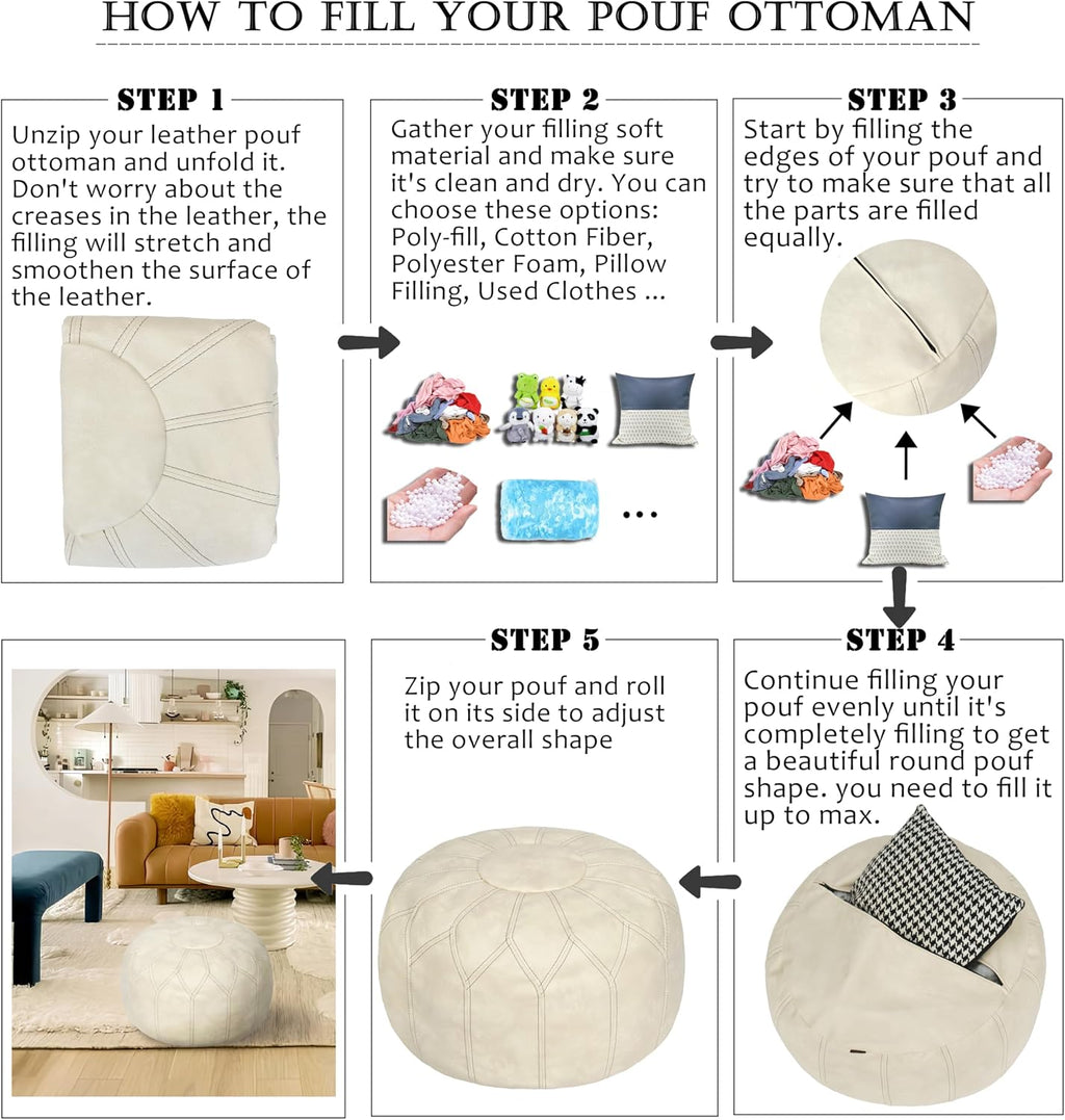 Thgonwid Unstuffed Moroccan Faux Leather Pouf Ottoman Cover with Storage - Boho Chic Multi-Use Footrest for Living Room, Bedroom, Patio - Round Ethnic Floor Cushion & Decorative Accent, Ivory