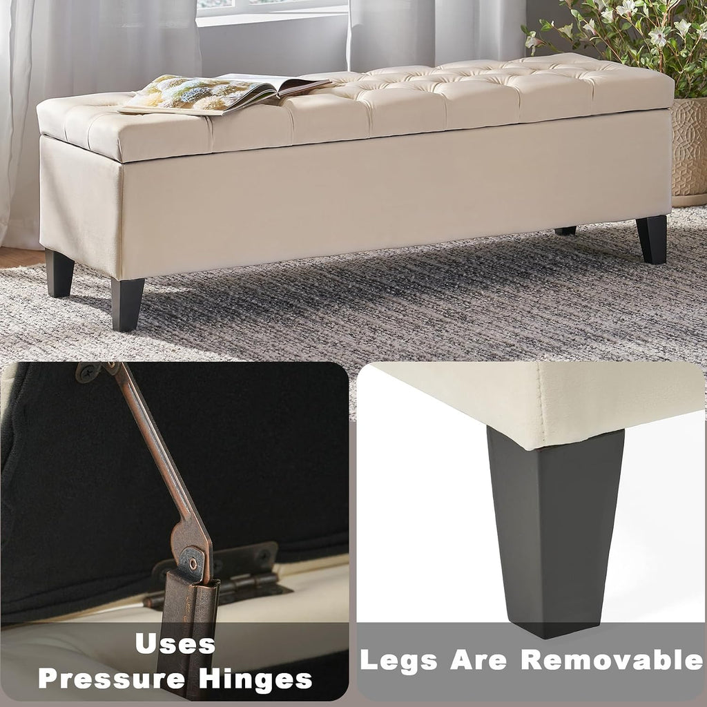 51" Storage Ottoman Bench, Foot Rest with Legs - Beige Button Tufted Storage Ottoman End of Bed with Safety Hinges, Entryway Bedroom Bench for Living, Dining Room and Hallway