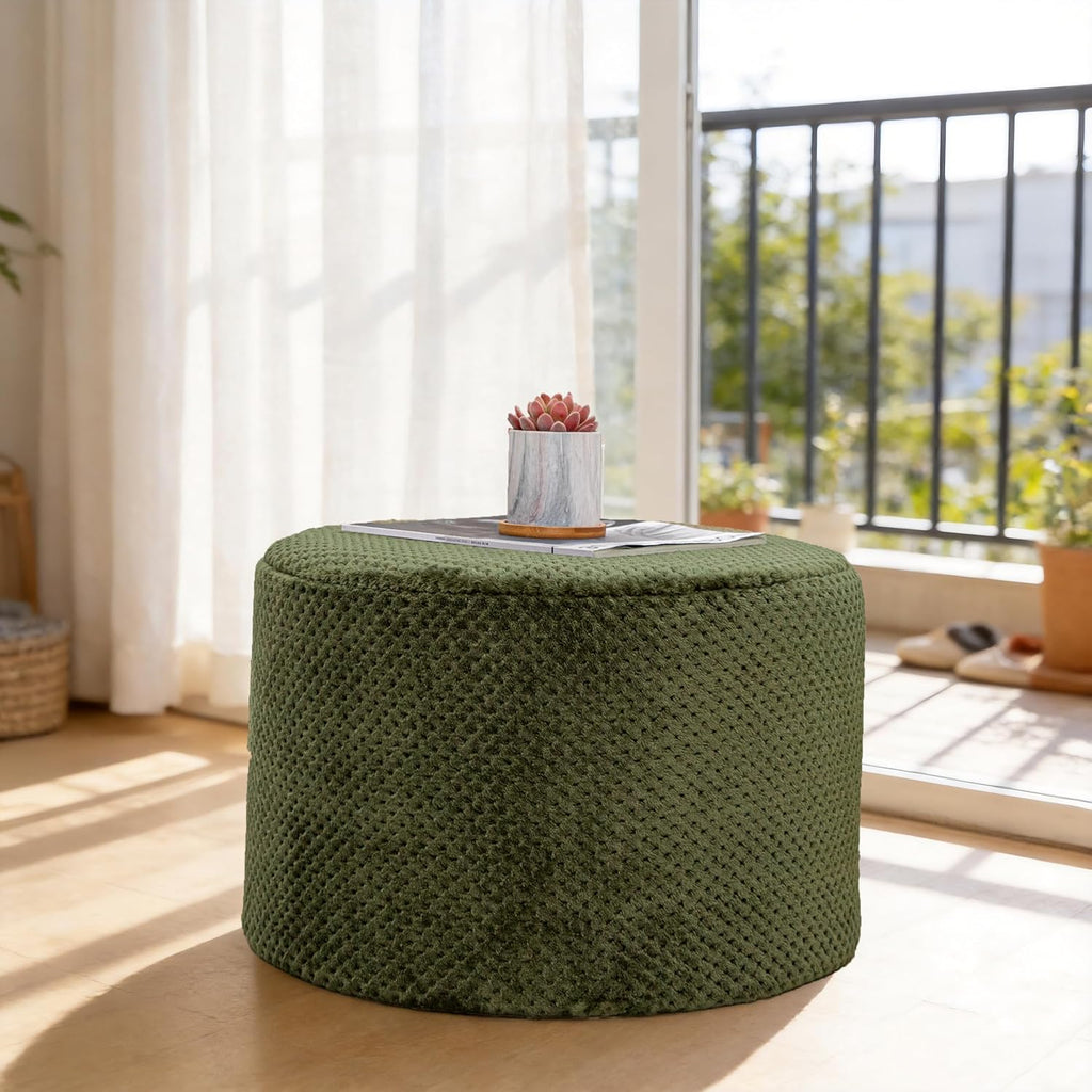 Poofieotto 20"x14" Round Foam Stuffed Pouf Ottoman - Modern Floor Foot Rest & Seating for Living Room, Bedroom, or Couch - Stylish Home Decor Accent (Deep Green)