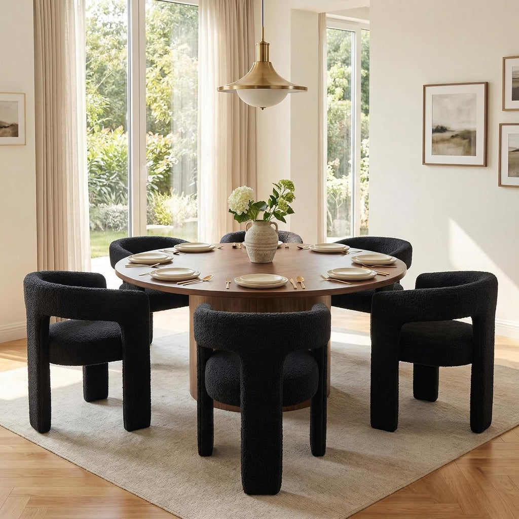HNY Modern Barrel Kitchen & Dining Room Chairs Set of 6, Sherpa Upholstered Accent Chairs with Arm, 18.5'' Wide Side Armchairs Vanity Chairs for Living Room Bedroom Makeup Small Spaces, Black