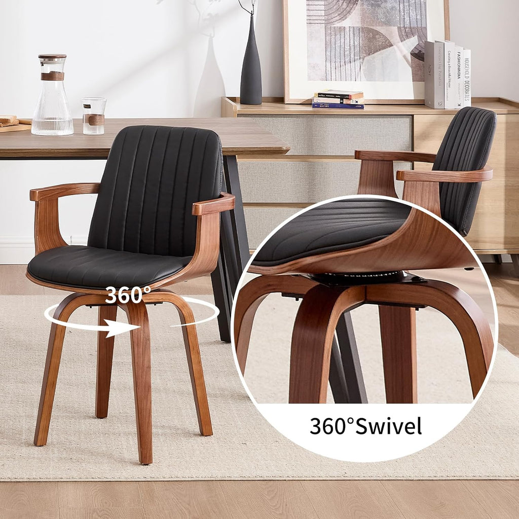 VipDesk Dining Chairs Set of 2 - Mid Century Modern Swivel Kitchen Chairs for Dining Room, Upholstered PU Leather Chairs with Wooden Arms and Legs, Black