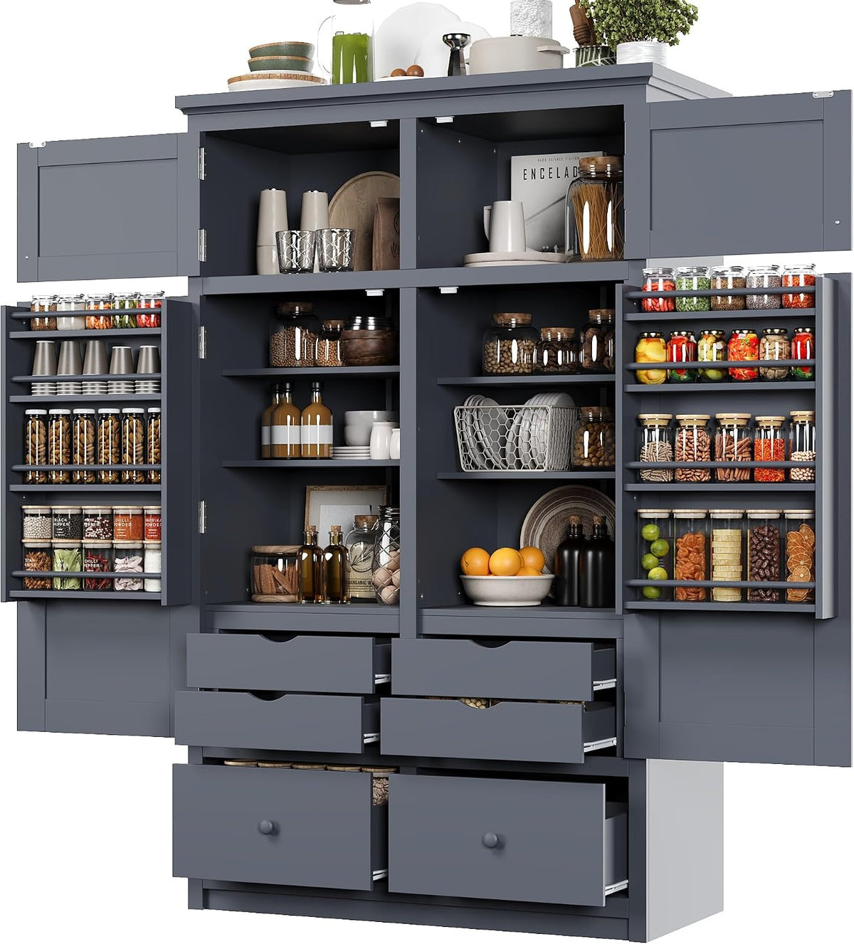 Tall Kitchen Pantry Cabinet with Adjustable Shelves, Freestanding Large Cupboard with 8 Door Shelves, 4 Pull-Out Trays, 6 Drawers for Kitchen, Dining Room (Grey)