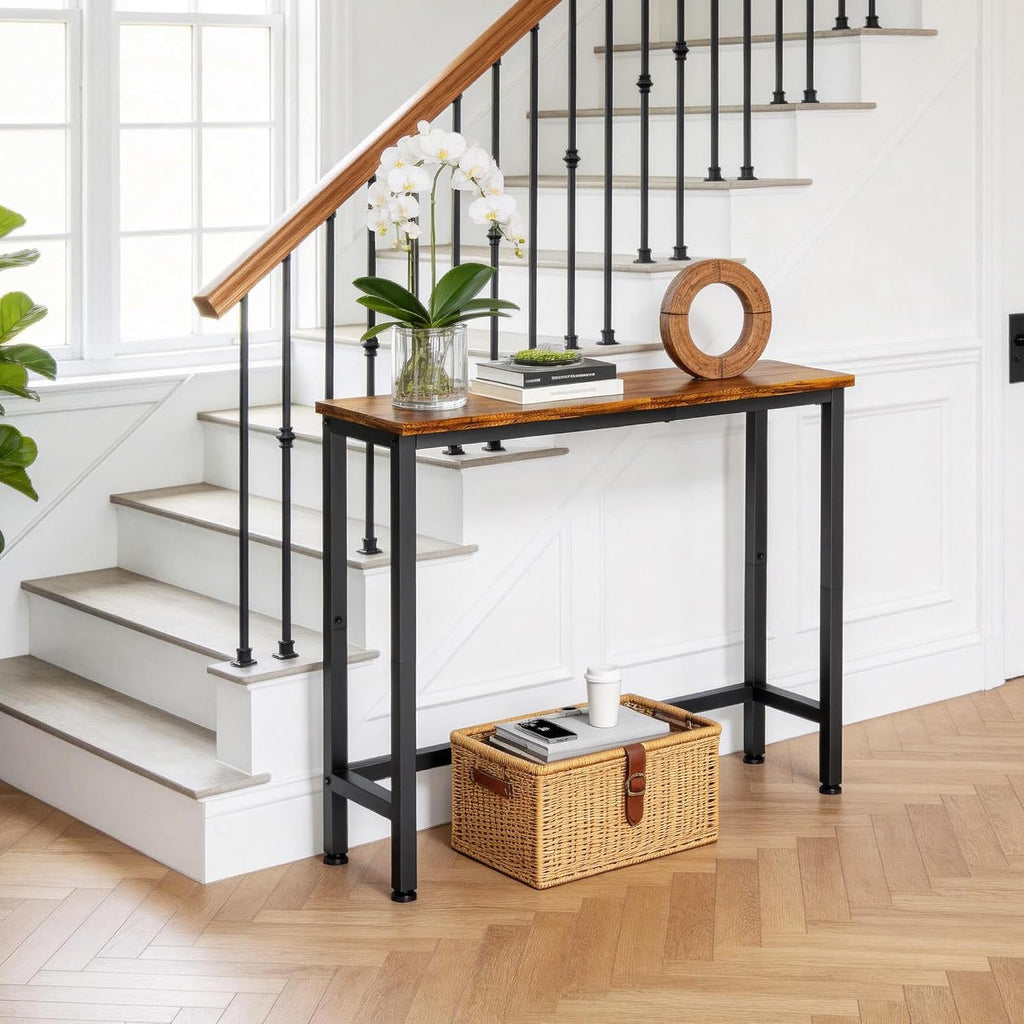 29.5 Inch Narrow Console Table, Small Entryway Table with Metal Frame, Skinny Sofa Table for Living Room Hallway Bedroom Foyer, Slim Hallway Shelf, Modern Entryway Furniture, Rustic Brown