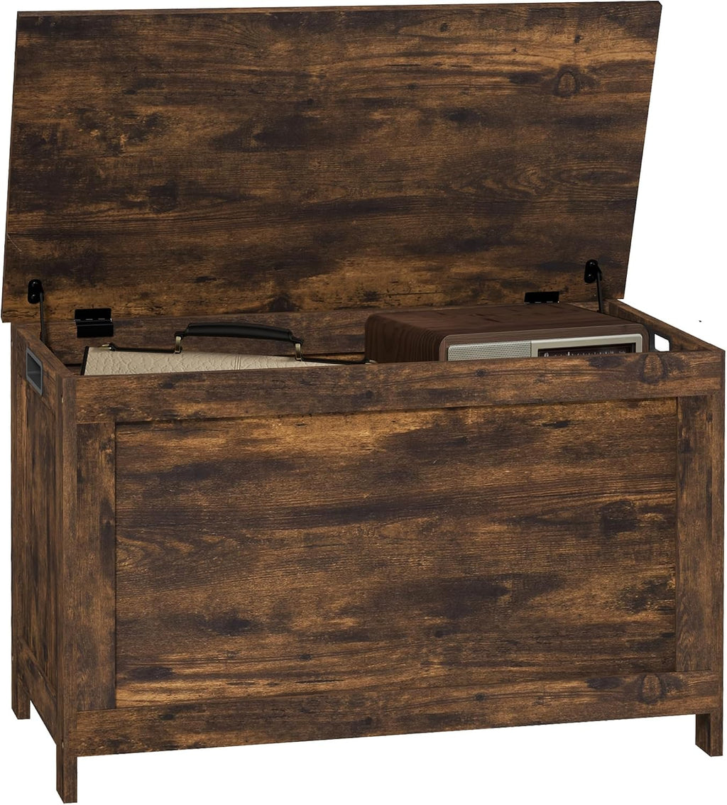 HOMCOM Storage Bench Cut-Out Handles 29.9" x 15.7" x 18.9" Rustic Brown | Storage Chest, 2 Safety Hinges, Modern Wooden Trunk, Living Room, Entryway