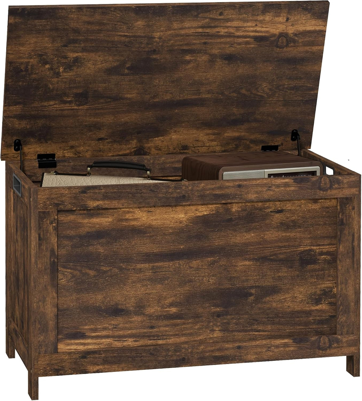 HOMCOM Storage Bench Cut-Out Handles 29.9" x 15.7" x 18.9" Rustic Brown | Storage Chest, 2 Safety Hinges, Modern Wooden Trunk, Living Room, Entryway