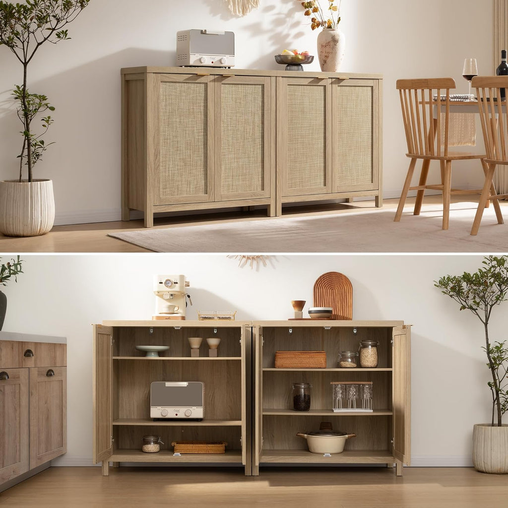 SICOTAS Rattan Sideboard Buffet Cabinet with Large Storage : Boho Credenza Coffee Bar Cabinet with Adjustable Shelves, Farmhouse Console Table for Kitchen, Living Room, Entryway, Natural, 2 Pieces