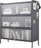 3 Tier Pantry Storage Cabinet with PC Glass Doors Baker Rack Kitchen Storage Cabinet Freestanding Microwave Stand with Adjustable Shelves Multi-Purpose Organizer for Kitchen Dining Room Black