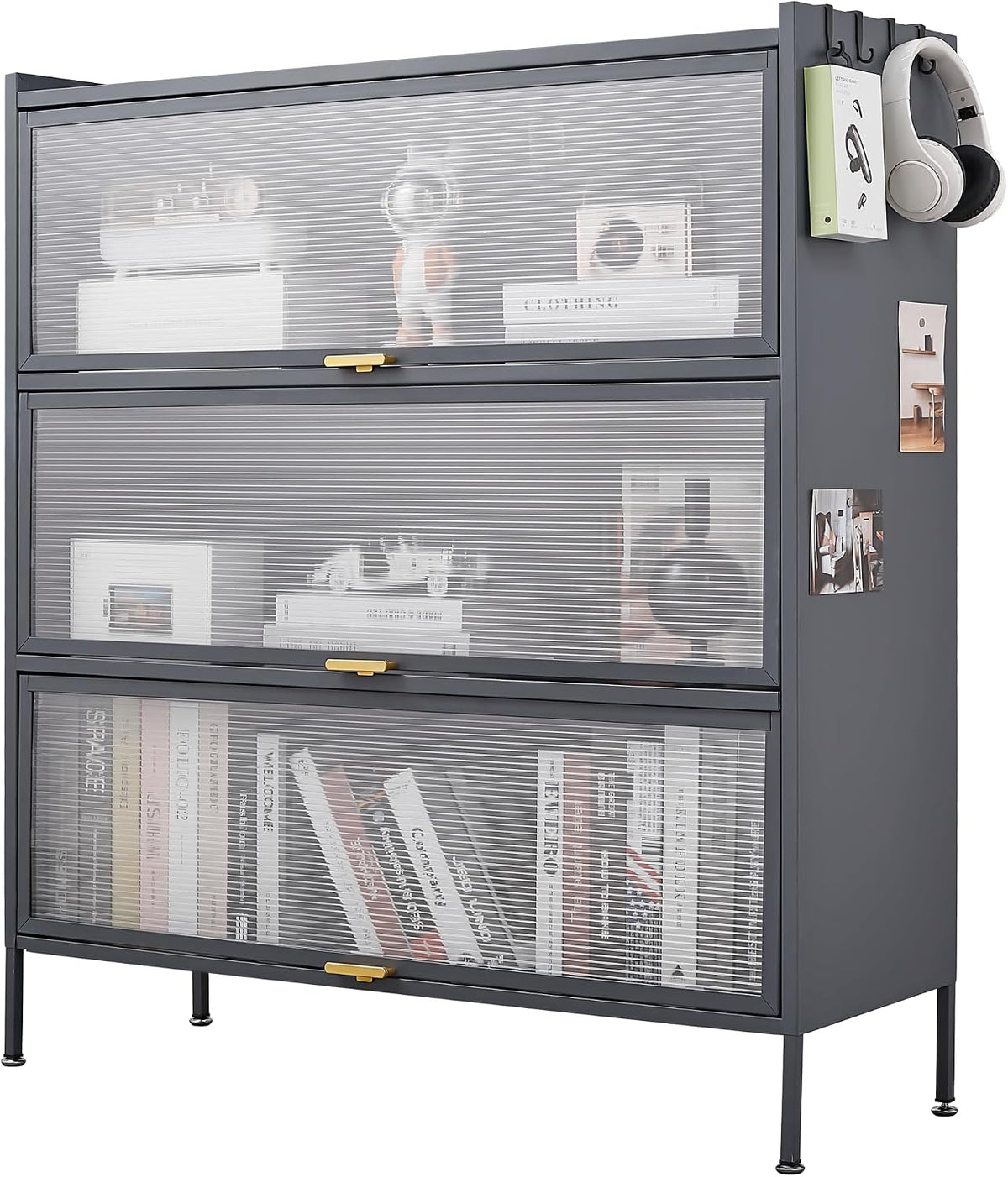 3 Tier Pantry Storage Cabinet with PC Glass Doors Baker Rack Kitchen Storage Cabinet Freestanding Microwave Stand with Adjustable Shelves Multi-Purpose Organizer for Kitchen Dining Room Black