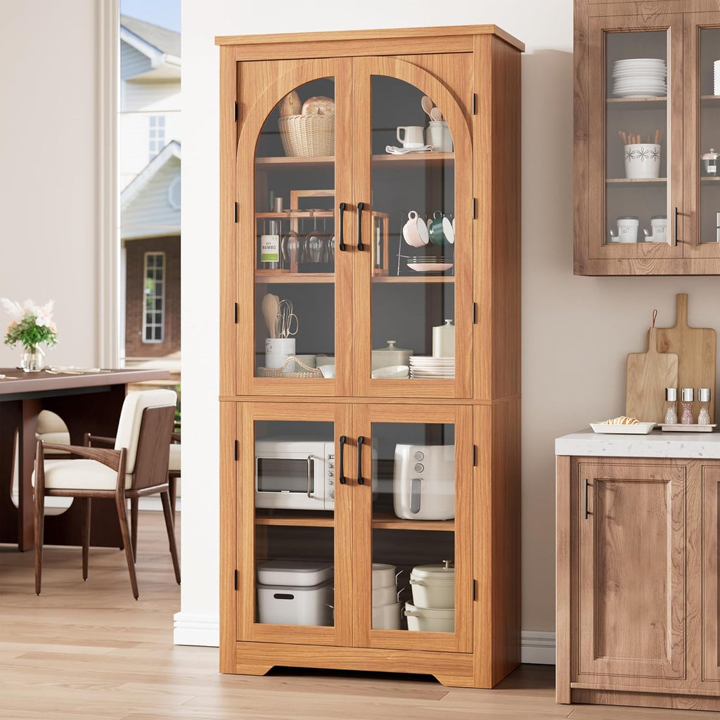 70" Kitchen Pantry Storage Cabinet - Modern Display Pantry Storage with 4 Arched Glass Doors and Adjustable Shelves, Versatile Cupboard Organizers for Kitchen, Dining Room, Living Room, Maple