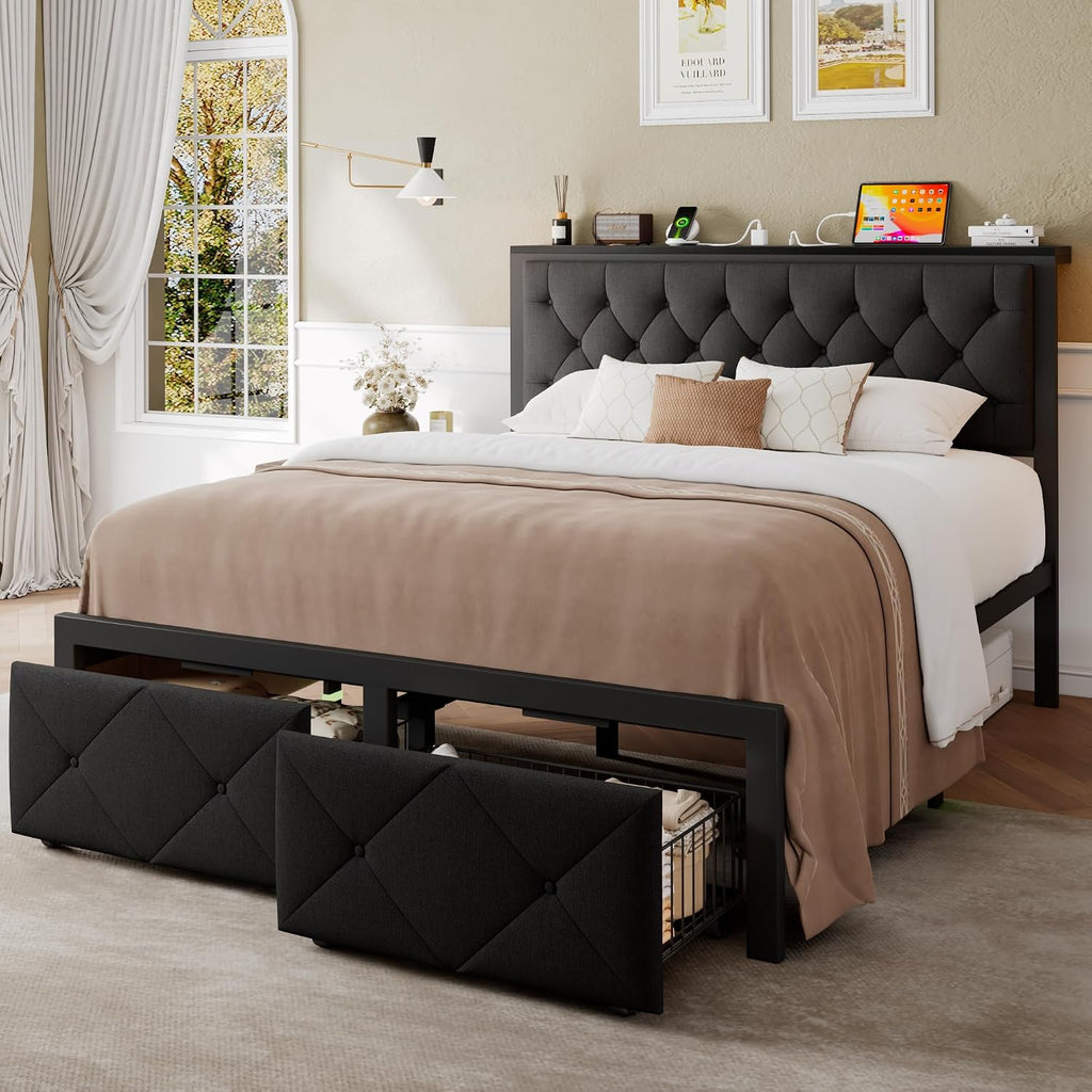 Einhomn Full Size Bed Frame with 2 Storage Drawers, Metal Platform Bed with Charging Station, Upholstered Linen Button Tufted Storage Headboard, No Box Spring Needed, Easy Assembly, Noise Free, Black