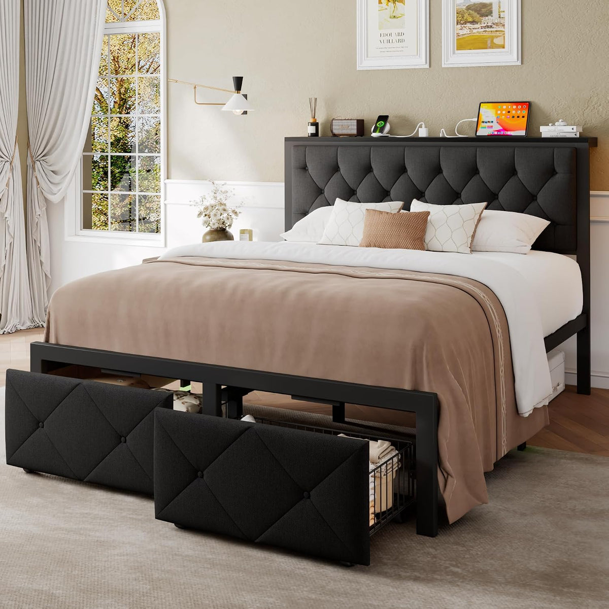 Einhomn Full Size Bed Frame with 2 Storage Drawers, Metal Platform Bed with Charging Station, Upholstered Linen Button Tufted Storage Headboard, No Box Spring Needed, Easy Assembly, Noise Free, Black