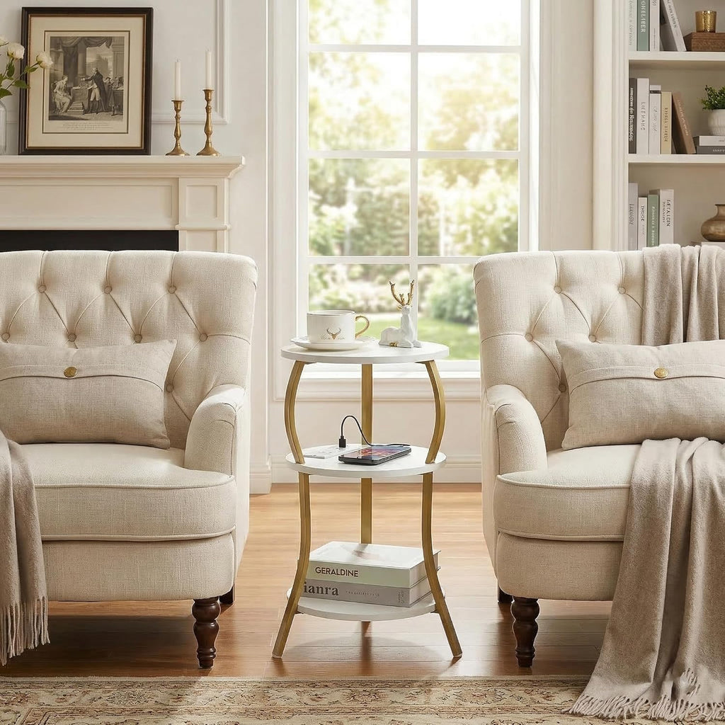 Small Round Side Table with Charging Station, 3-Tier Waist Circular End Table with Storage Shelf, Compact Tea Sofa Side Table Small Spaces, Round Corner Coffee Table for Living Room Bedroon,White+Gold