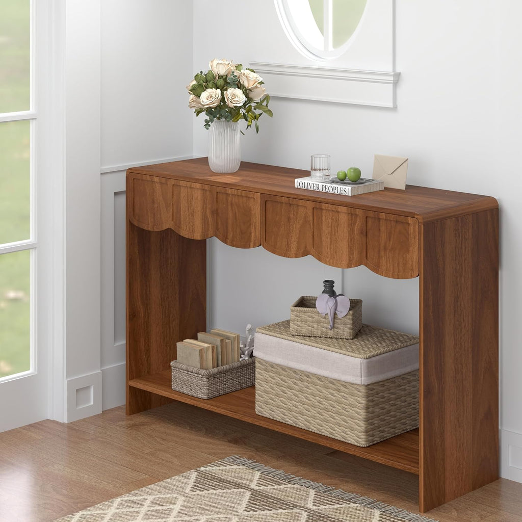 ORRD Console Table with Drawers, Mid-Century 43 Inches Narrow Entryway Tables with Open Storage Shelves, Hallway Accent Tables Behind Couch Table for Living Room - Walnut