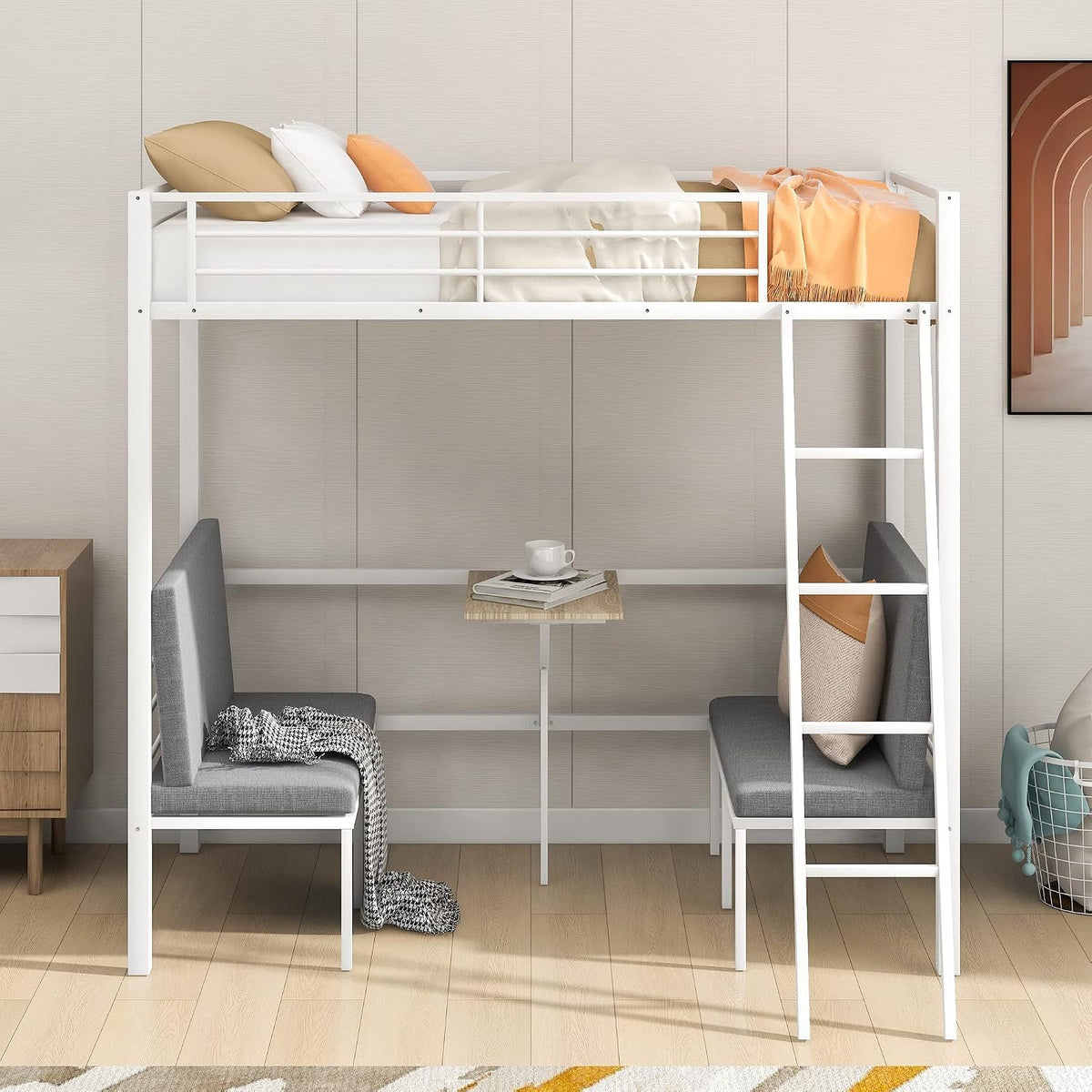 Twin Size Metal Loft Bed with Built-in Wooden Table and Upholstery Chairs Set for Kids Teens, Full Length Guardrails Inclined Ladder, Bedroom, Dorm, Space Saving (White-with Built-in Table)