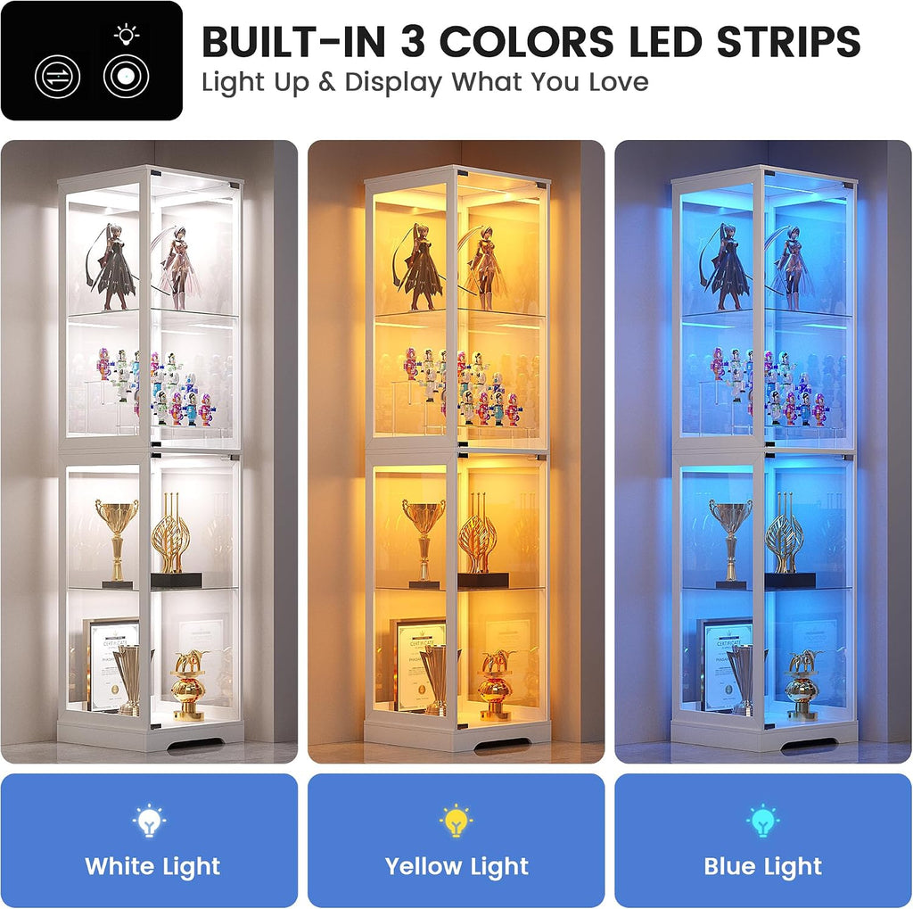 Glass Display Cabinet with Doors, 65" Tall 4-Tier Curio Display Case with 3 Color Lights and Human Body Sensor, Bookcase for Collectibles, White