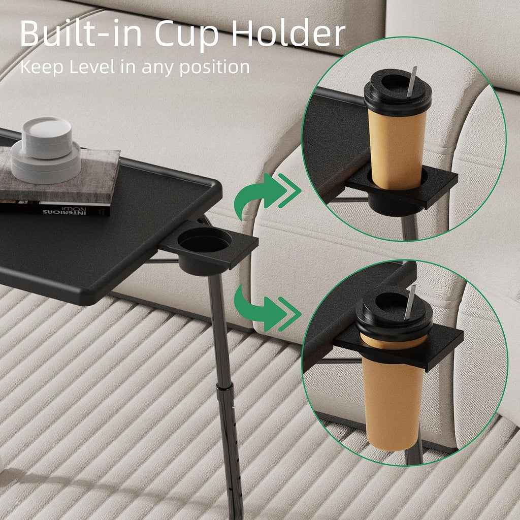 Adjustable TV Tray Table for Breakfast & Dinner - Black Folding Couch Desk with Cup Holder, Portable Eating Tray for Sofa, Bed, Living Room - 6 Height & 3 Angle Adjustments