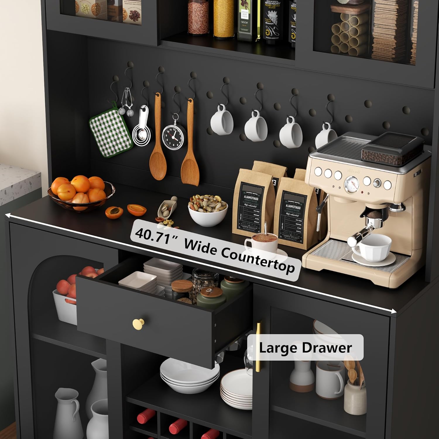 72'' Large Kitchen Pantry Cabinet with LED Light, Black Kitchen Hutch with Pegboard & Wine Racks, Modern Pantry Cupboard with Countertop & Storage Drawers, Tall Bar Cabinet for Dining Room, Home