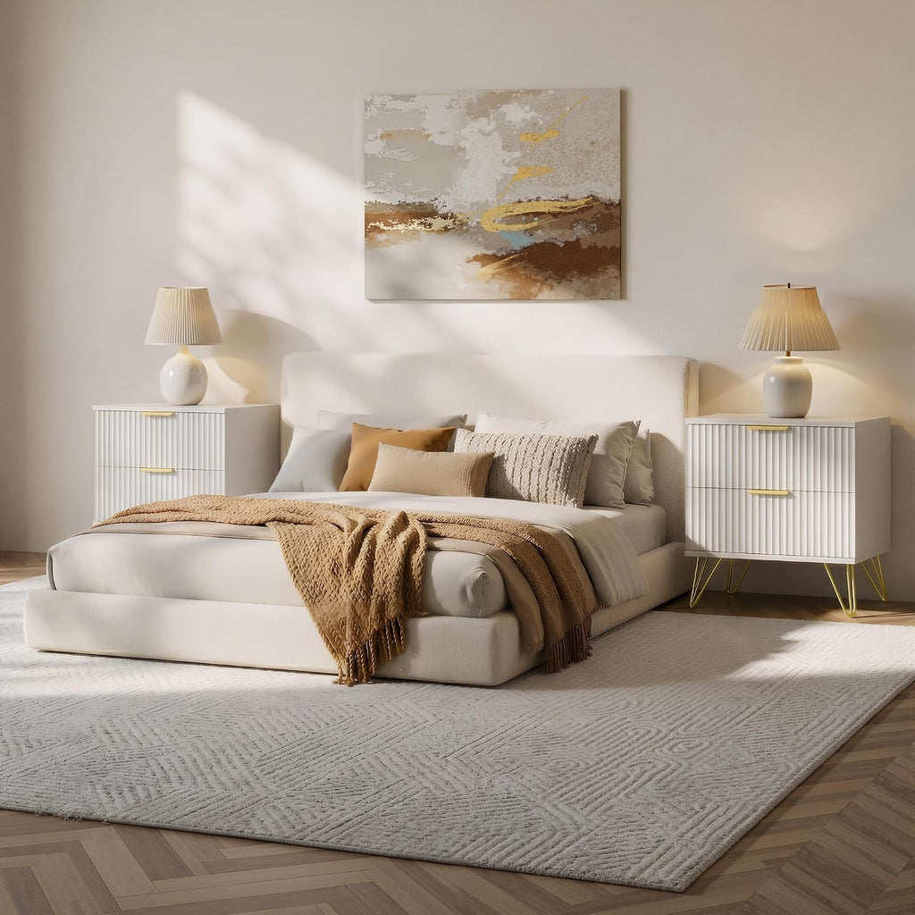 White Fluted Nightstand Set of 2, Modern Bedside Table with 2 Drawers and Gold Legs, 19.7’’ Night Stand Wood End Table for Bedroom