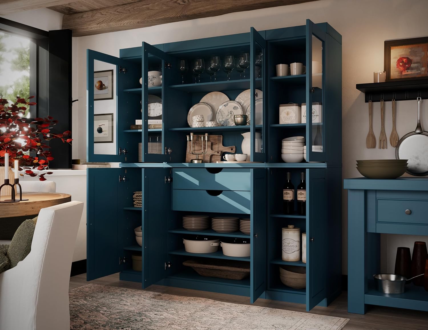 Palace Imports 100% Solid Wood Kitchen Pantry with 2-Drawer Kit, Teal Blue, 65" w x 71.5" h x 15.5" d, Renewable Eco-Friendly Wood, Made in Brazil