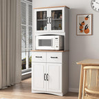Kitchen Pantry Storage Cabinet with Framed Glass Doors and Drawer, Microwave Stand with Adjustable Shelves, Freestanding Cupboard for Kitchen, Dining Room or Apartment