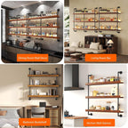 Large Wine Rack Wall Mounted with LED Light, Solid Wood Bar Shelves Wall Mounted, 3-Tiers Liquor Bottles Floating Shelves Display Storage Organizer for Home Bar, Dining Room (47.2 inch)