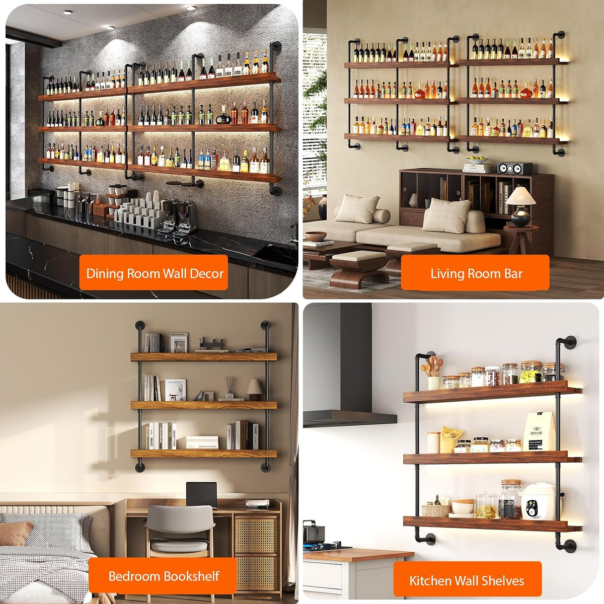 Large Wine Rack Wall Mounted with LED Light, Solid Wood Bar Shelves Wall Mounted, 3-Tiers Liquor Bottles Floating Shelves Display Storage Organizer for Home Bar, Dining Room (47.2 inch)