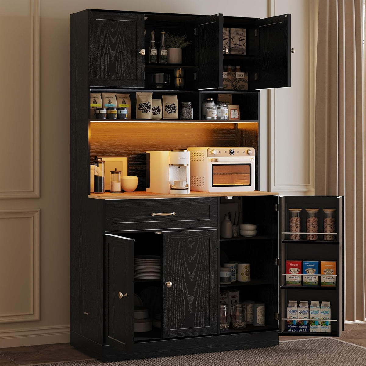 FJTJBSI 72" Kitchen Pantry Cabinet with LED Light and Charging Station Tall Pantry Storage Cabinet with Adjustable Shelves and Door Shelves Modern Kitchen Hutch with Countertop Black