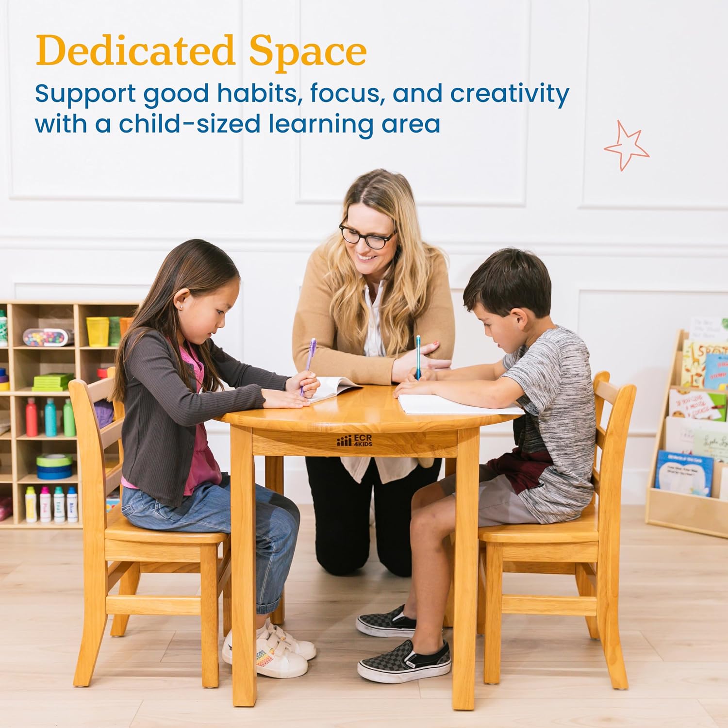 ECR4Kids 30in D Round Hardwood Table with 24in Legs and Two 14in Chairs, Kids Furniture, Honey, 3-Piece | Durable rubberwood, GREENGUARD Gold Certified, ANSI/BIFMA Compliant, 6-8 years, 200 lb seat capacity, classroom & home use