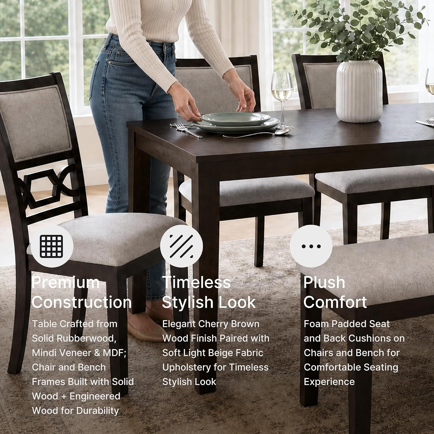 Signature Design by Ashley Langwest 6-Piece Dining Table Set with Bench | Seats up to 6, 60.38 in W dining table, Reverse diamond patterned veneer, Tapered legs, Light beige polyester fabric