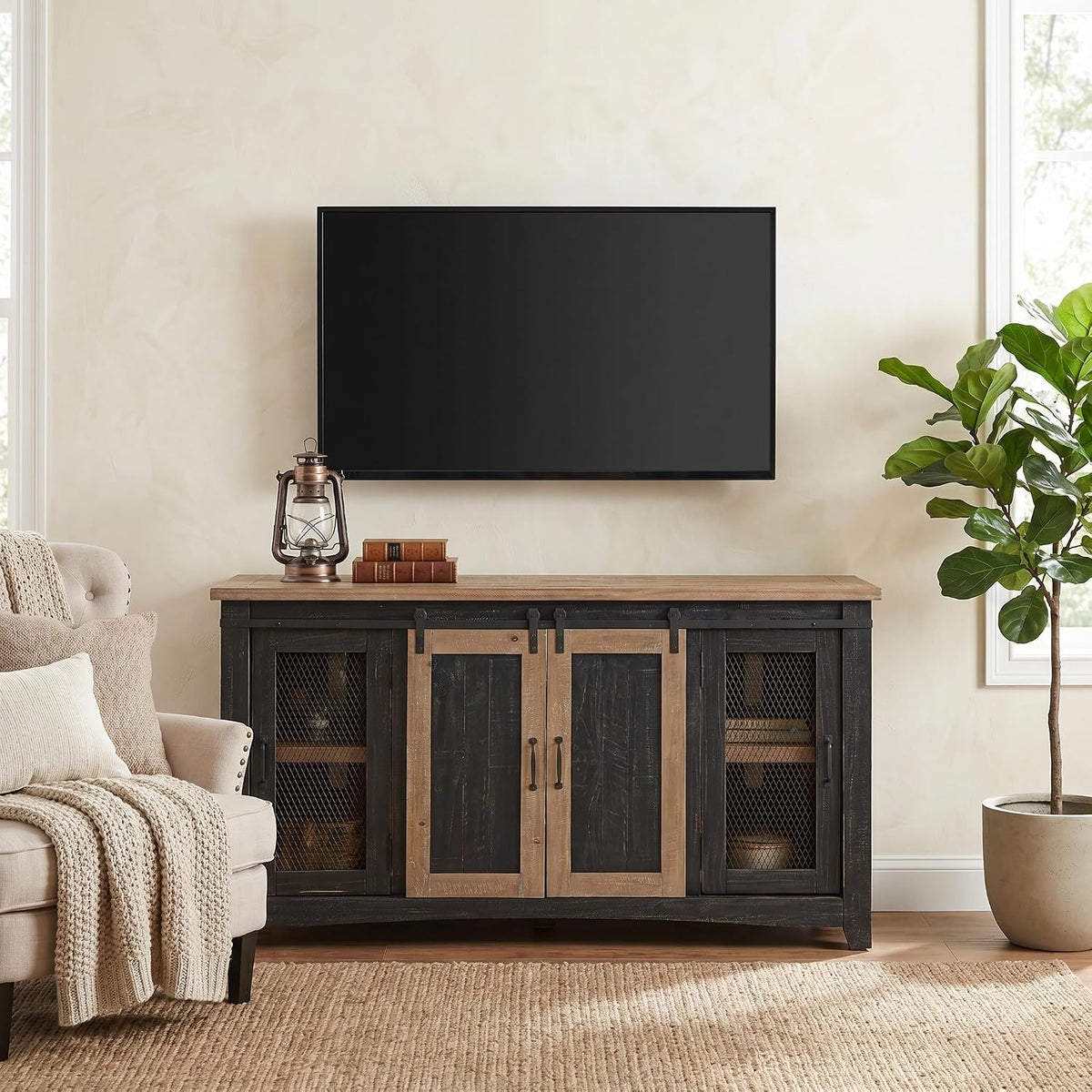 Martin Svensson Home Rustic 65" Wood Entertainment Center Black & Driftwood | Solid Pine, TV Stand, Sliding Doors, Adjustable Shelves & Cable Management, for TVs up to 70"