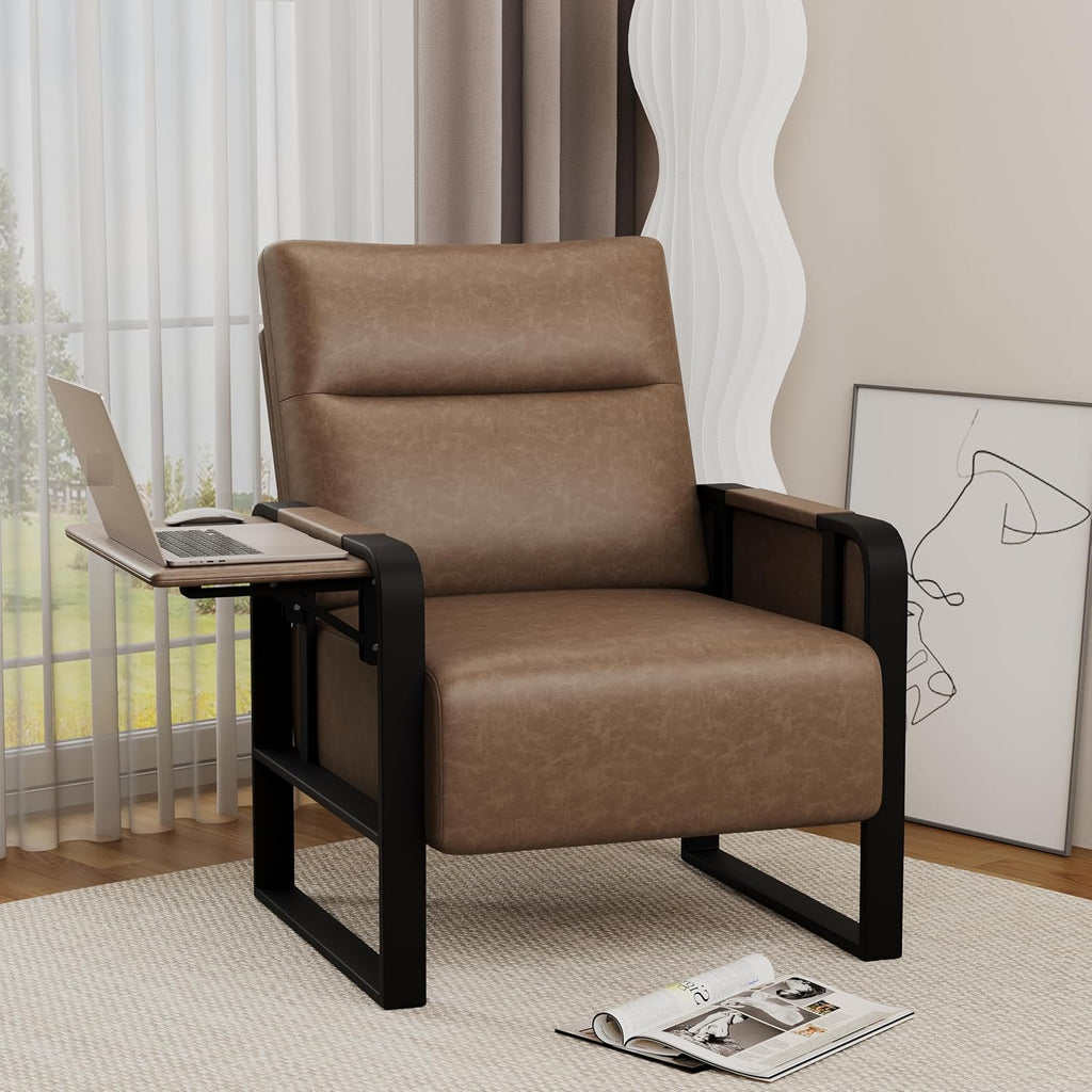 Upholstered Living Room Chair Armchair Set of 2, Mid Century Faux Leather Metal Accent Chair, Reception Couch Office Guest Chair Slipper Club Lounge Single Sofa with Sidetable for Bedroom-Brown