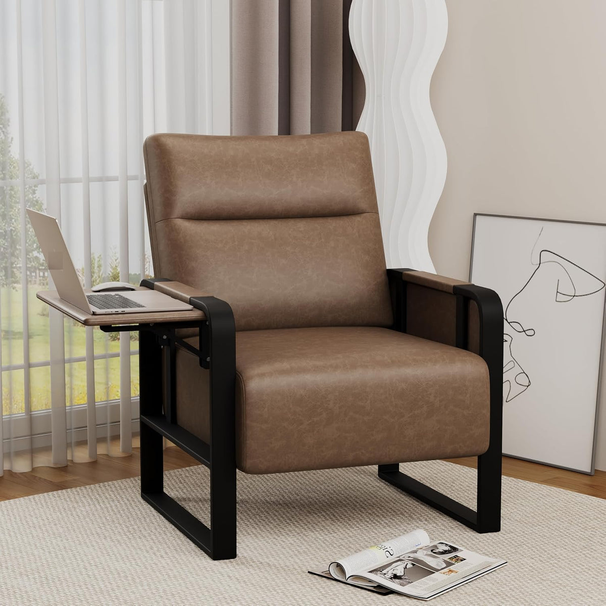 Upholstered Living Room Chair Armchair Set of 2, Mid Century Faux Leather Metal Accent Chair, Reception Couch Office Guest Chair Slipper Club Lounge Single Sofa with Sidetable for Bedroom-Brown