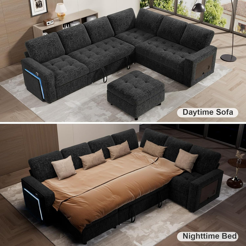 WEUP 7 Seat L Shaped Sectional Sleeper Sofa Bed with Pull Out Bed, Chenille Sectional Sleeper Couch with Ottoman, Adjustable Backrest, USB Ports, LED, Side Table, Tool-Free Assembly, Chenille Black