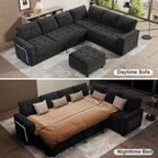 WEUP 7 Seat L Shaped Sectional Sleeper Sofa Bed with Pull Out Bed, Chenille Sectional Sleeper Couch with Ottoman, Adjustable Backrest, USB Ports, LED, Side Table, Tool-Free Assembly, Chenille Black