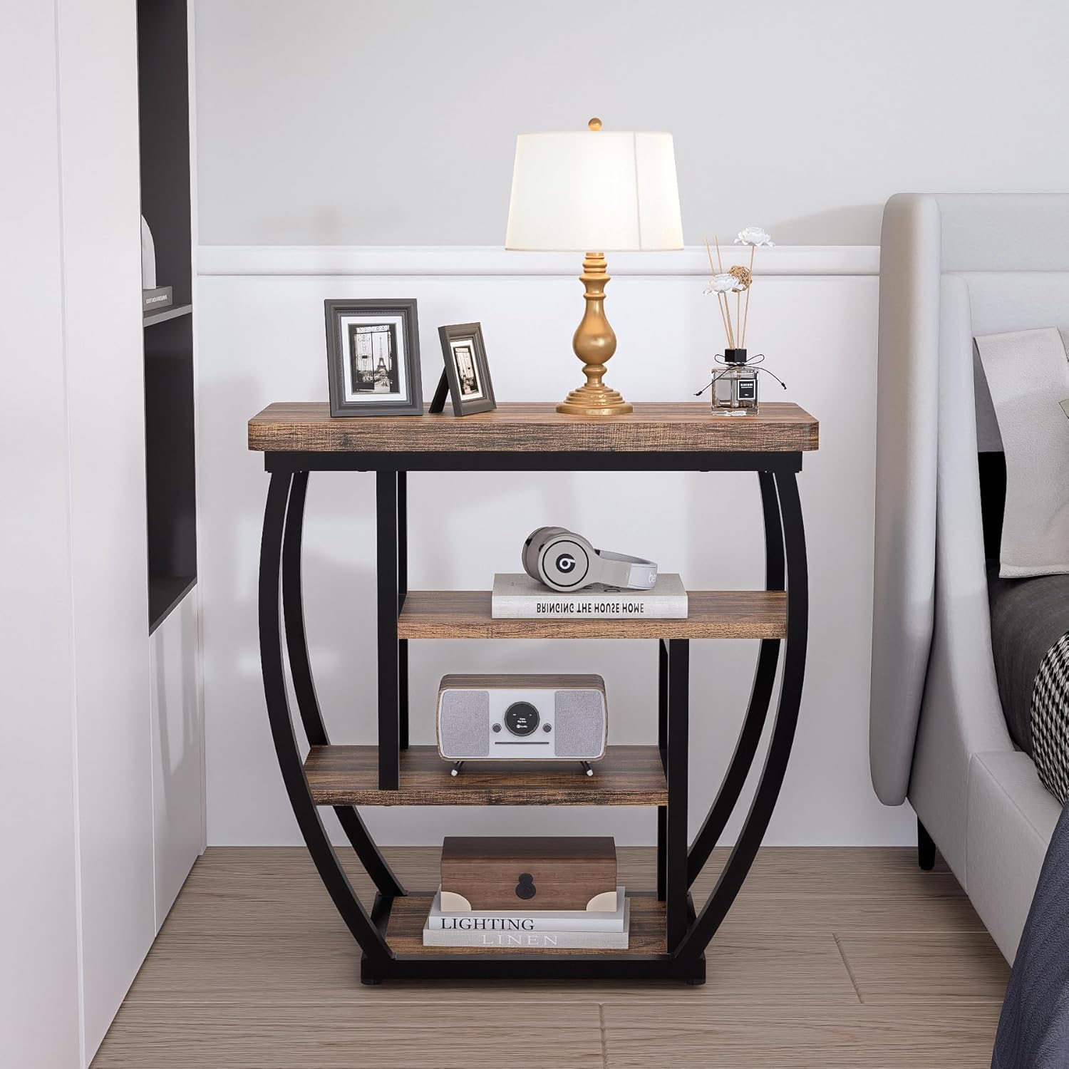 4-Tier End Table with Storage, Narrow Side Table for Living Room, Wood Sofa Side Table with Metal Frame, Industrial Bedside Table and Nightstand for Bedroom, Rustic Brown