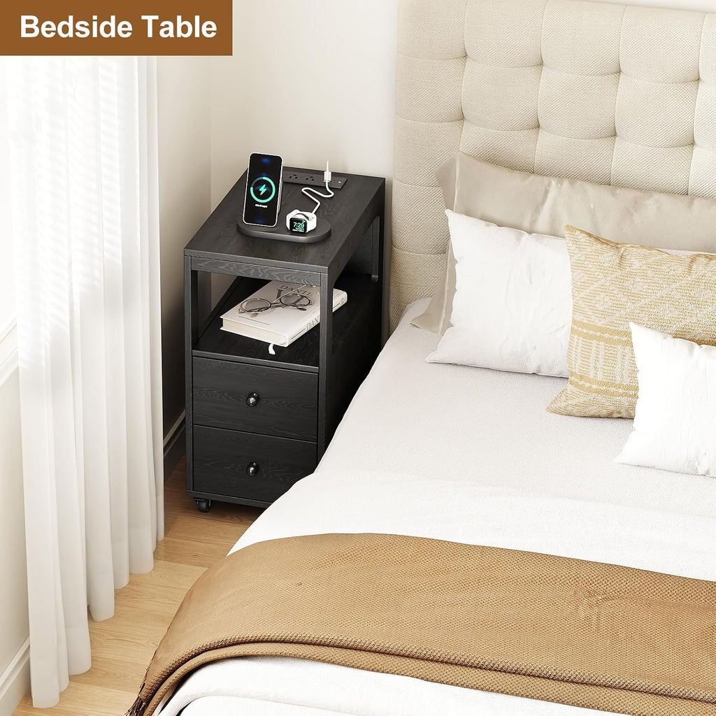 Narrow End Table with Charging Station and Wheels, Movable Narrow Sofa Side Table with USB Ports and Outlets for Small Space, Living Room, Bedroom and Office, Bedside with 4 Wheels (Black)